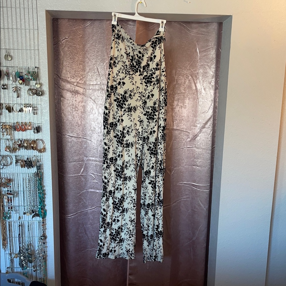 Fashion Nova Black and Cream Floral Jumpsuit